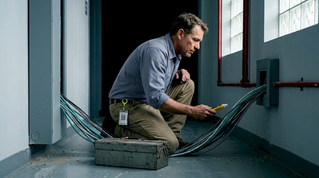 Technician inspecting low voltage fire wall cables