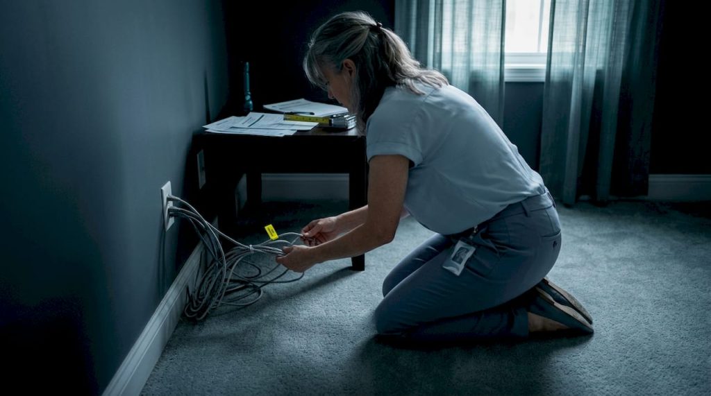 Property manager inspects network cables on office floor