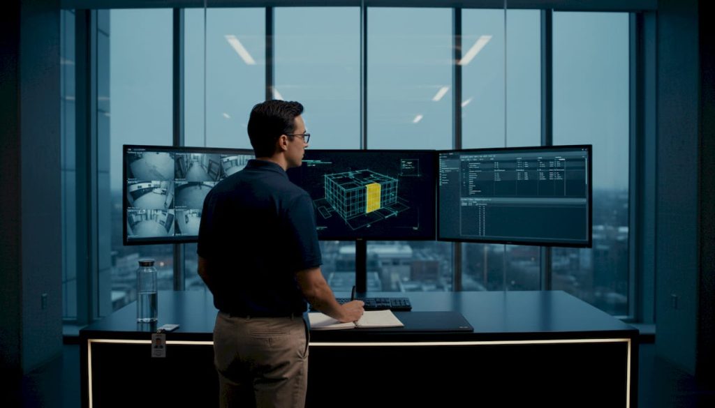 Facility manager monitors building systems in control room