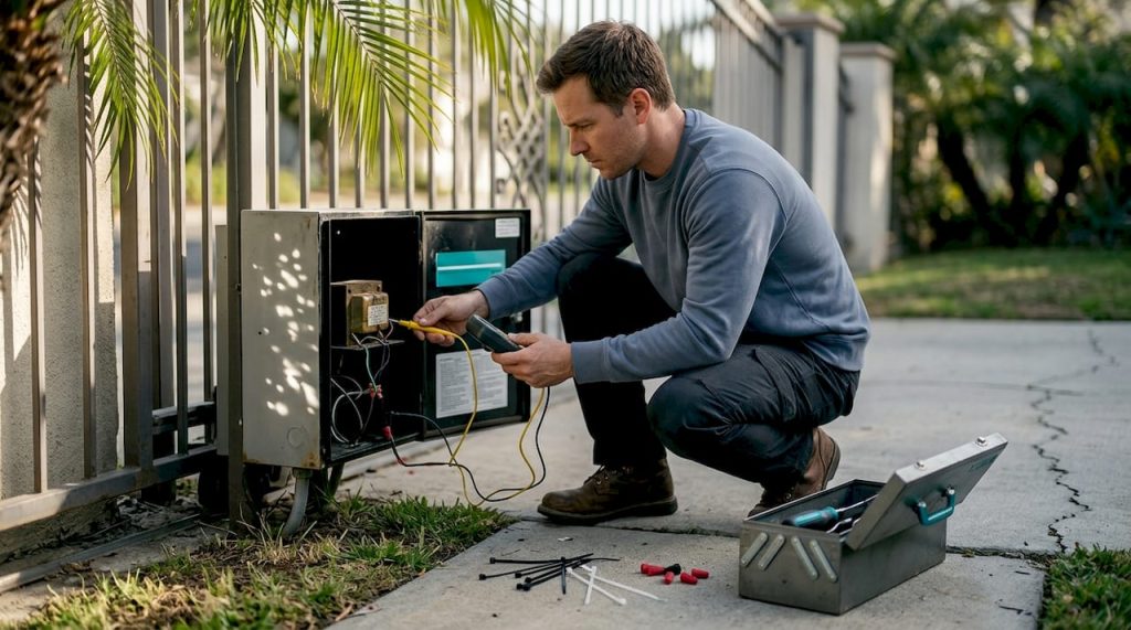 Electrician tests low voltage gate wiring outdoors