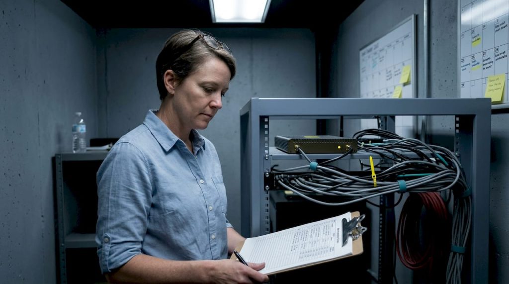 Facility manager inspecting cell booster equipment