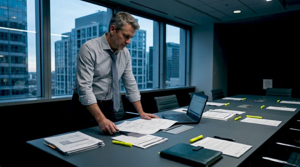 Property manager checks wiring plans in office
