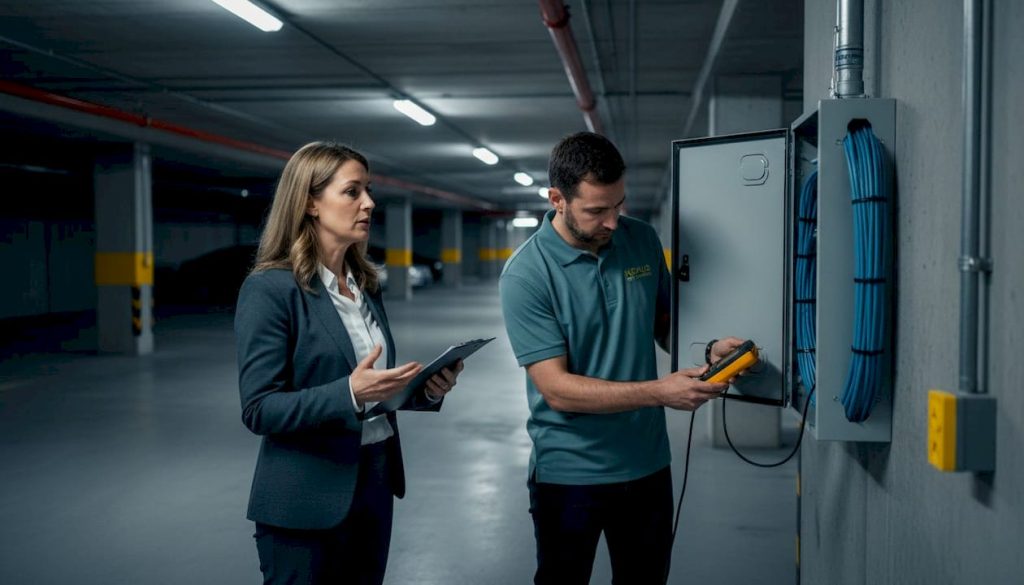 Property manager and technician with network cables