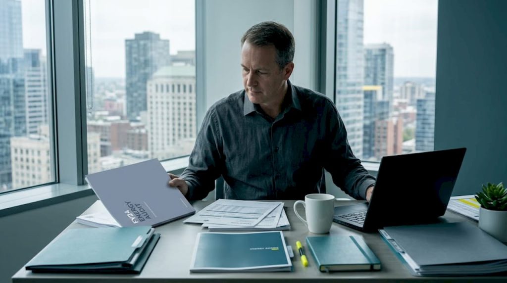 Property manager reviewing energy bills in office