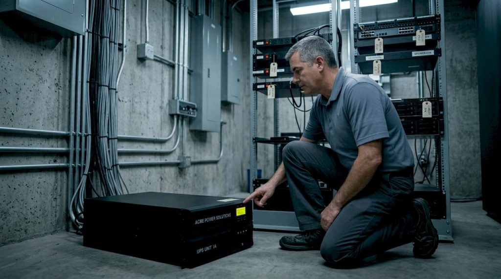 Facility manager inspecting UPS backup unit