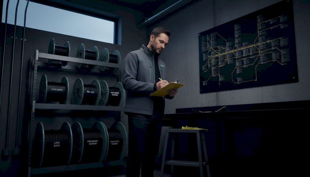 Property manager reviewing low voltage cable spools