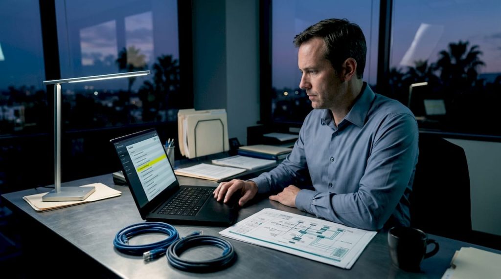 IT manager reviews network checklist in office