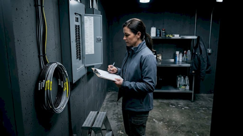 Property manager checks low voltage wiring panel