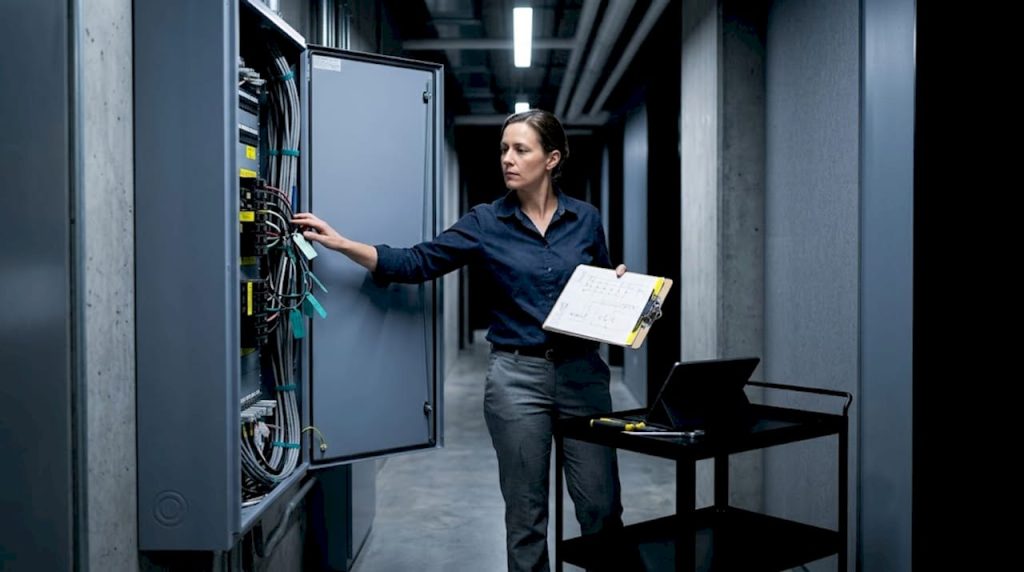 Facilities manager inspects low voltage wiring panel