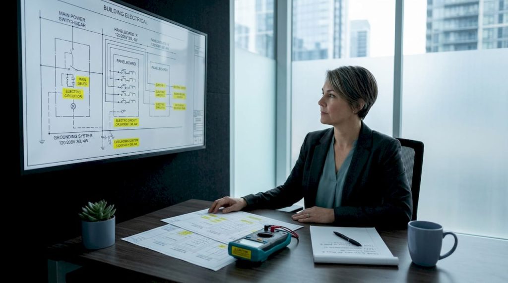 Facility manager reviewing low voltage building plans