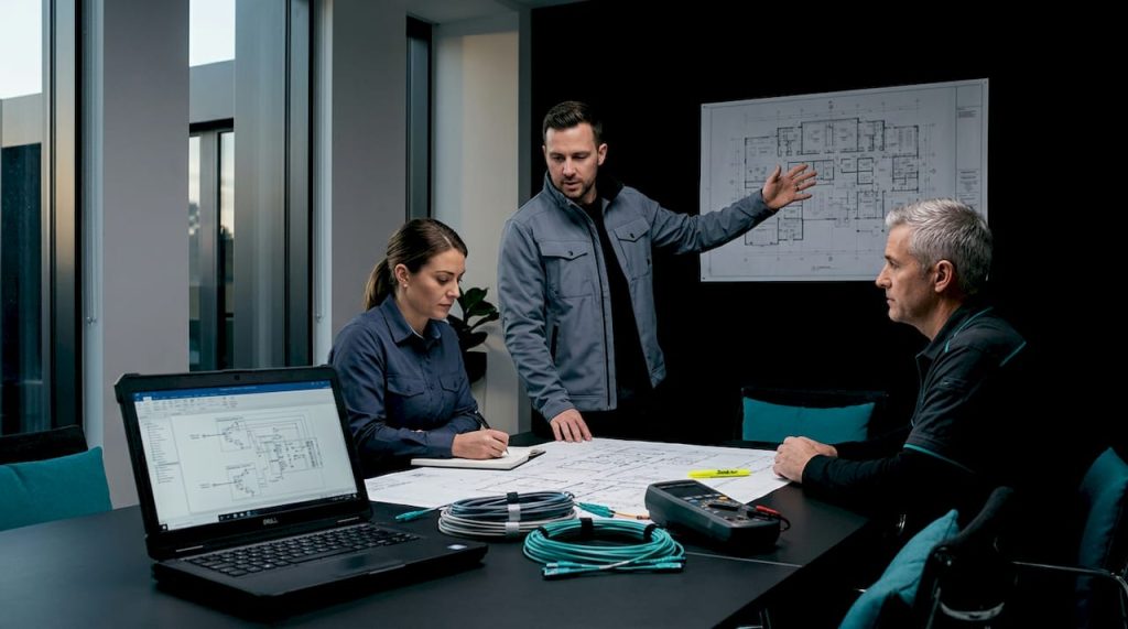 Low voltage electrical team reviewing blueprints in office