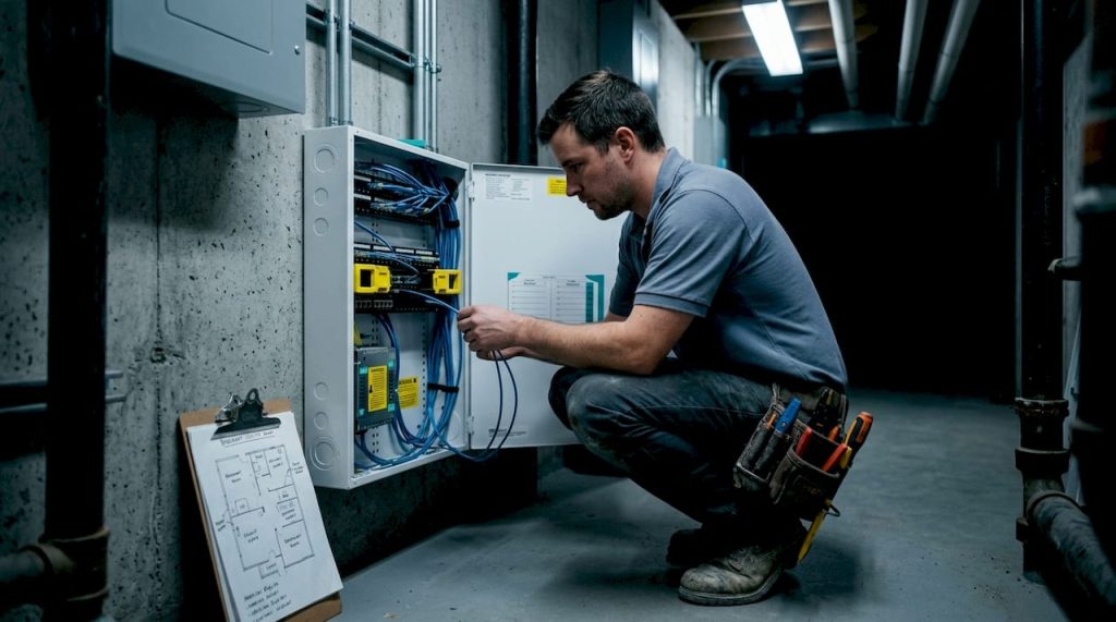 Electrician connects low voltage wires in panel