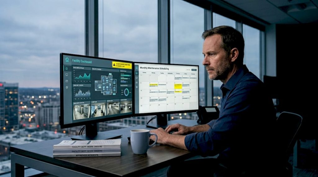 Facility manager monitoring systems in corner office