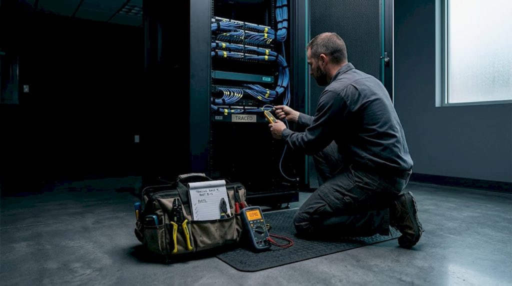 Electrician working in network server room