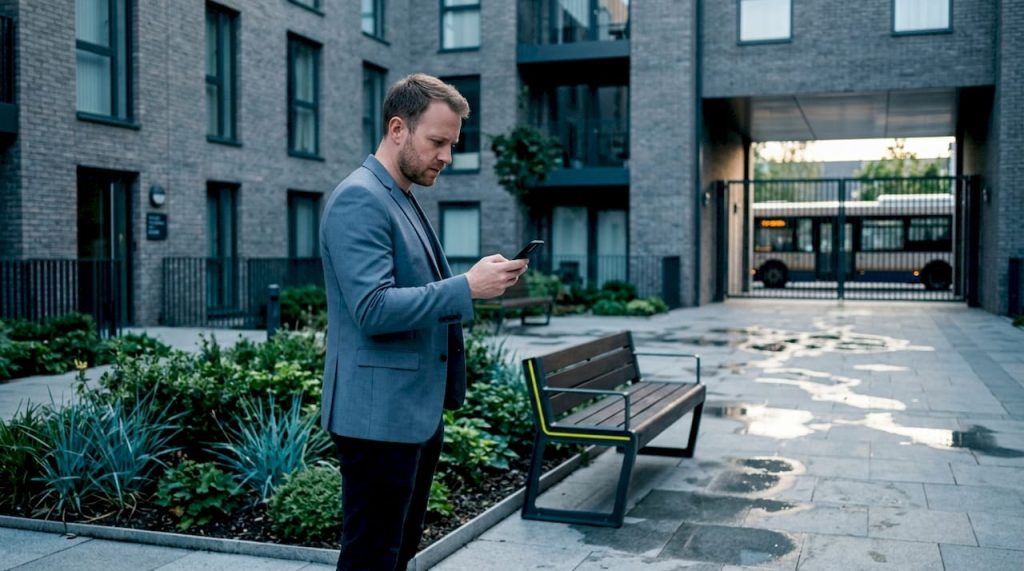 Urban street, man checks phone for weak signal