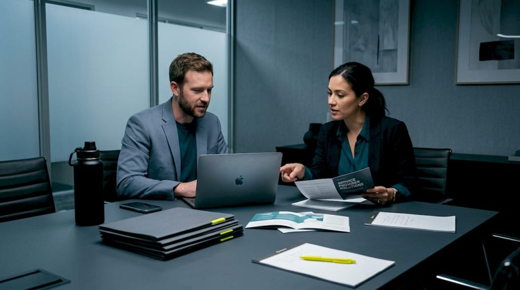 Business professionals comparing technology provider options