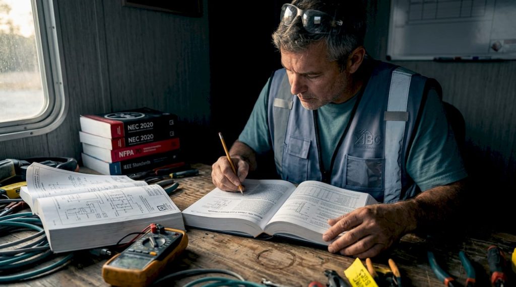 Contractor studying low voltage codes at construction site