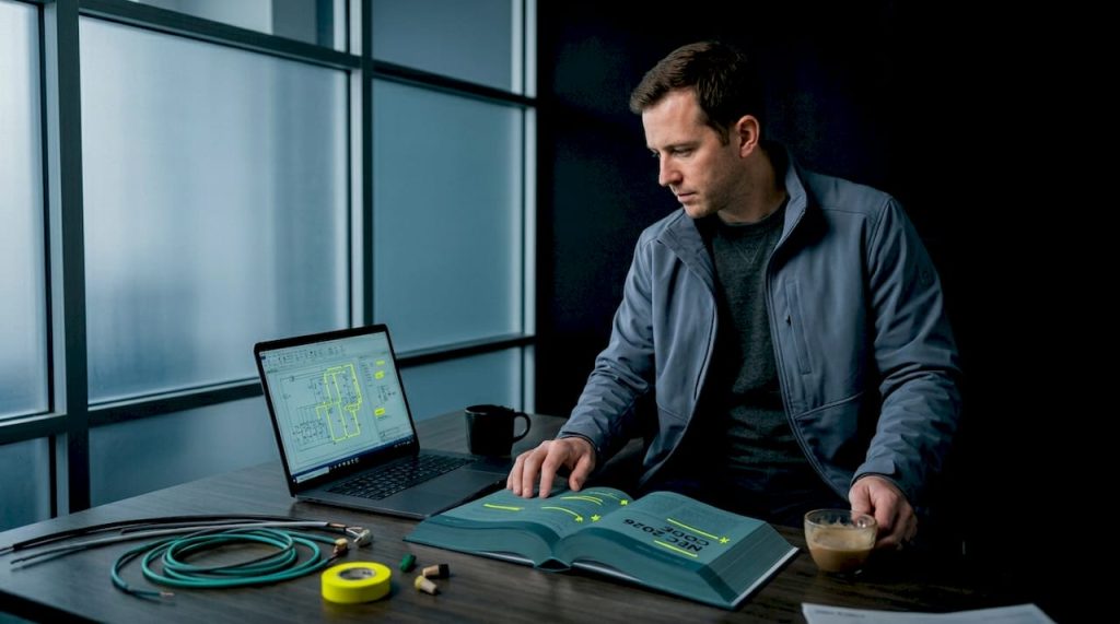 Engineer reviewing low voltage code documents