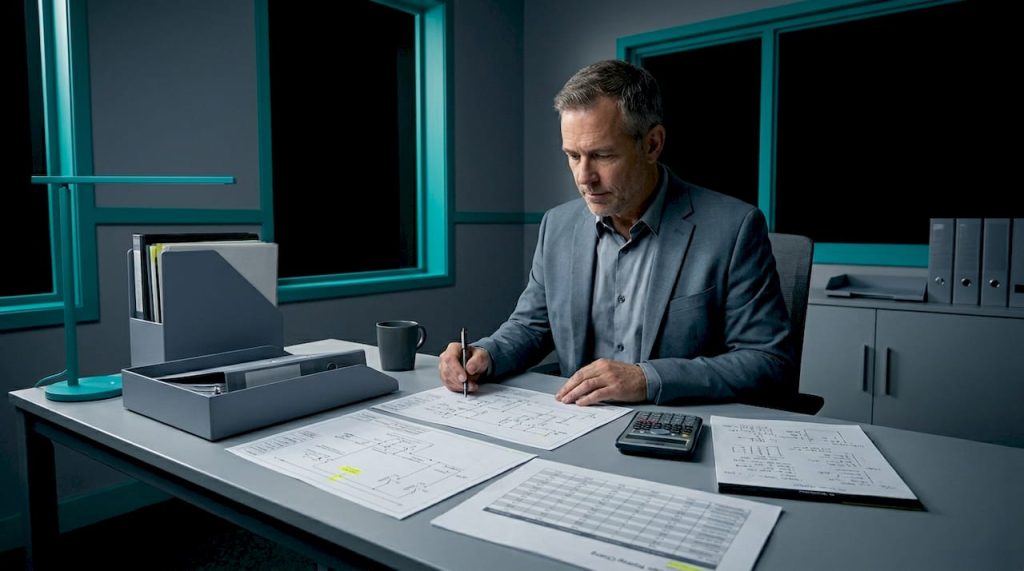 Facility manager reviewing power ratings at desk