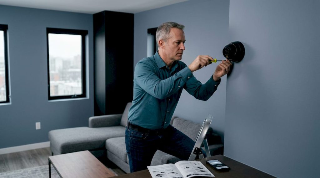 Homeowner installing security camera indoors