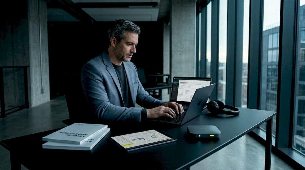 IT professional working wirelessly in office