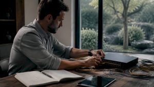 Technician configuring VLAN switch at desk