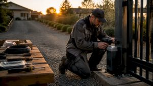 Technician installing motorized gate at home entrance