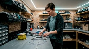 IT professional sorting network cables on table