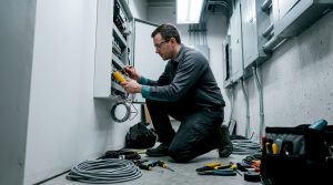 Technician testing low voltage wiring in utility room