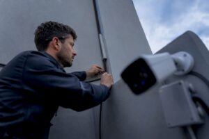 Technician installing wired security camera cable