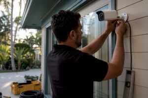 Hands installing security camera on front porch