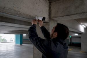 Technician mounting parking garage security camera