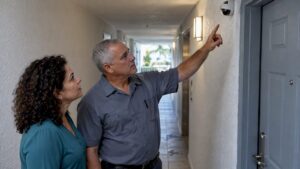 Condo owner reviewing hallway security camera