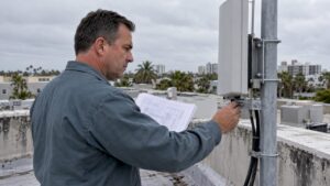 Property manager checks mounted cell booster fastening